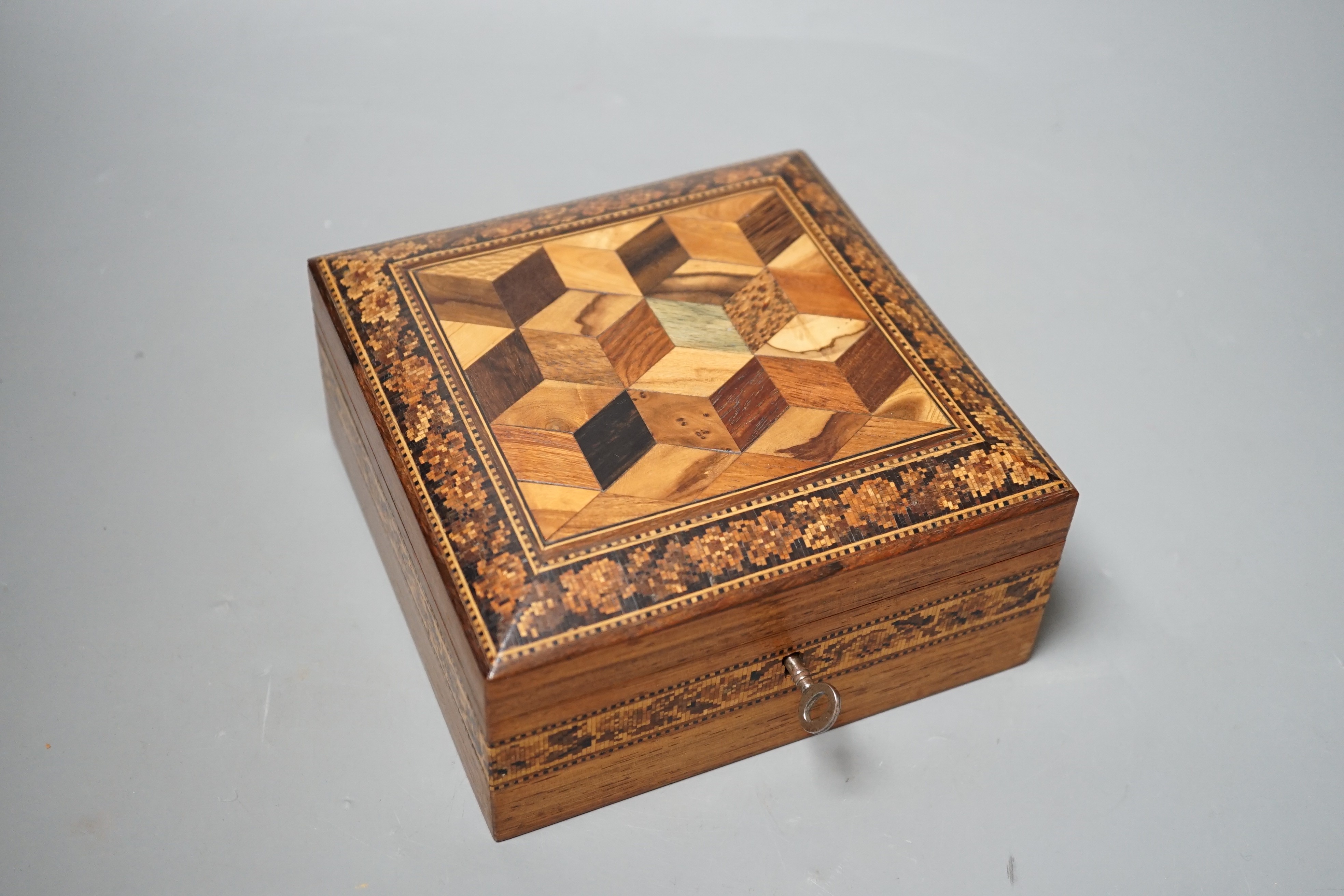 A Tunbridge ware rosewood, perspective cube marquetry and mosaic square box, 15cm wide